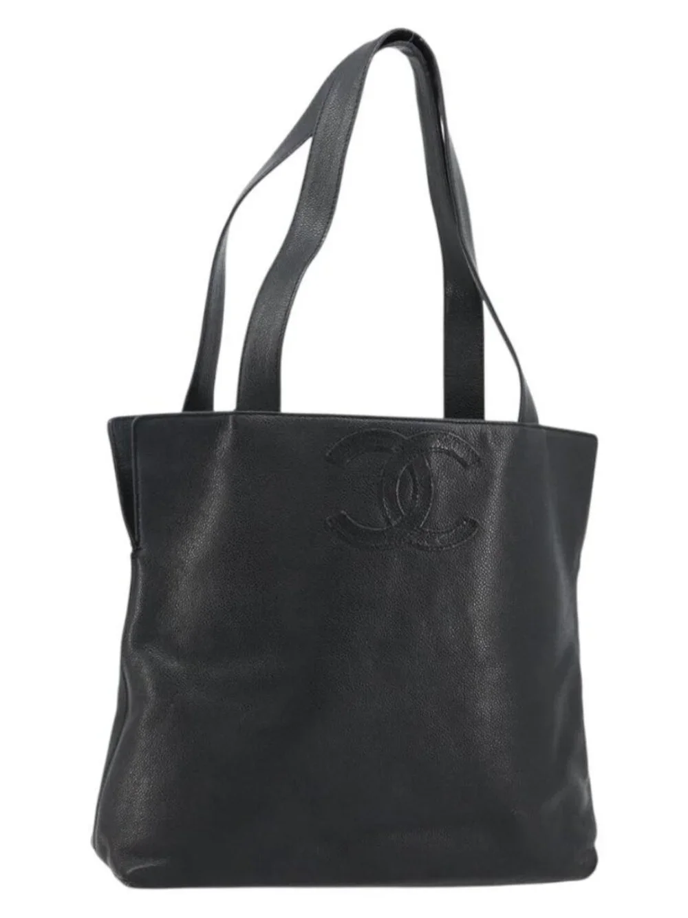 CHANEL Tote Bag Grained Calf Skin Black Gold CC Auth BA12903